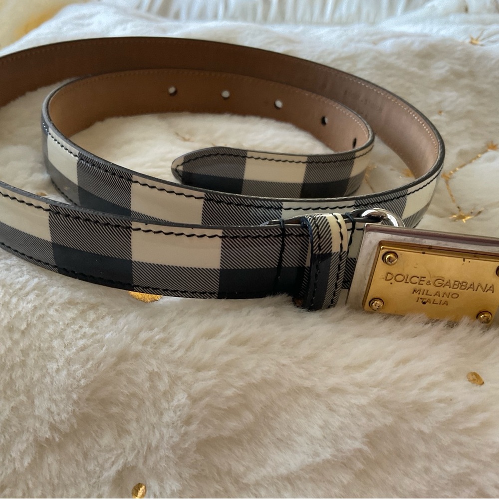 DOLCE AND GABBANA Patent Leather Gingham Pattern Belt AUTHENTIC